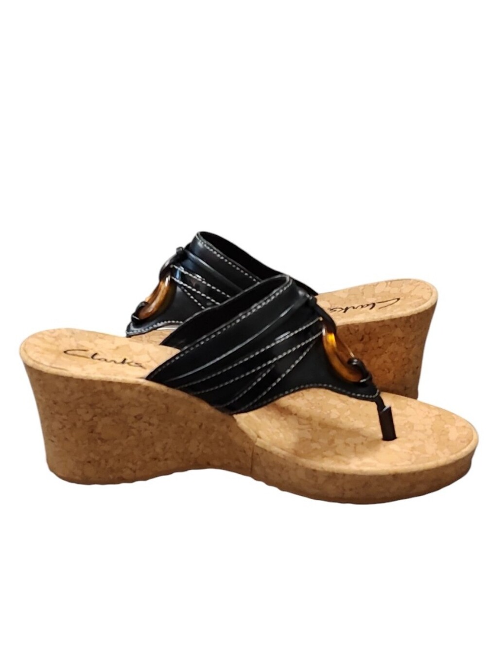 Clarks Yacht Marina Black Wedge Thong Sandal - Size 7.5